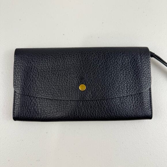 Fossil Haven Large Flap Clutch Wallet Glazed Pebbled Black Leather Wristlet - Picture 2 of 9